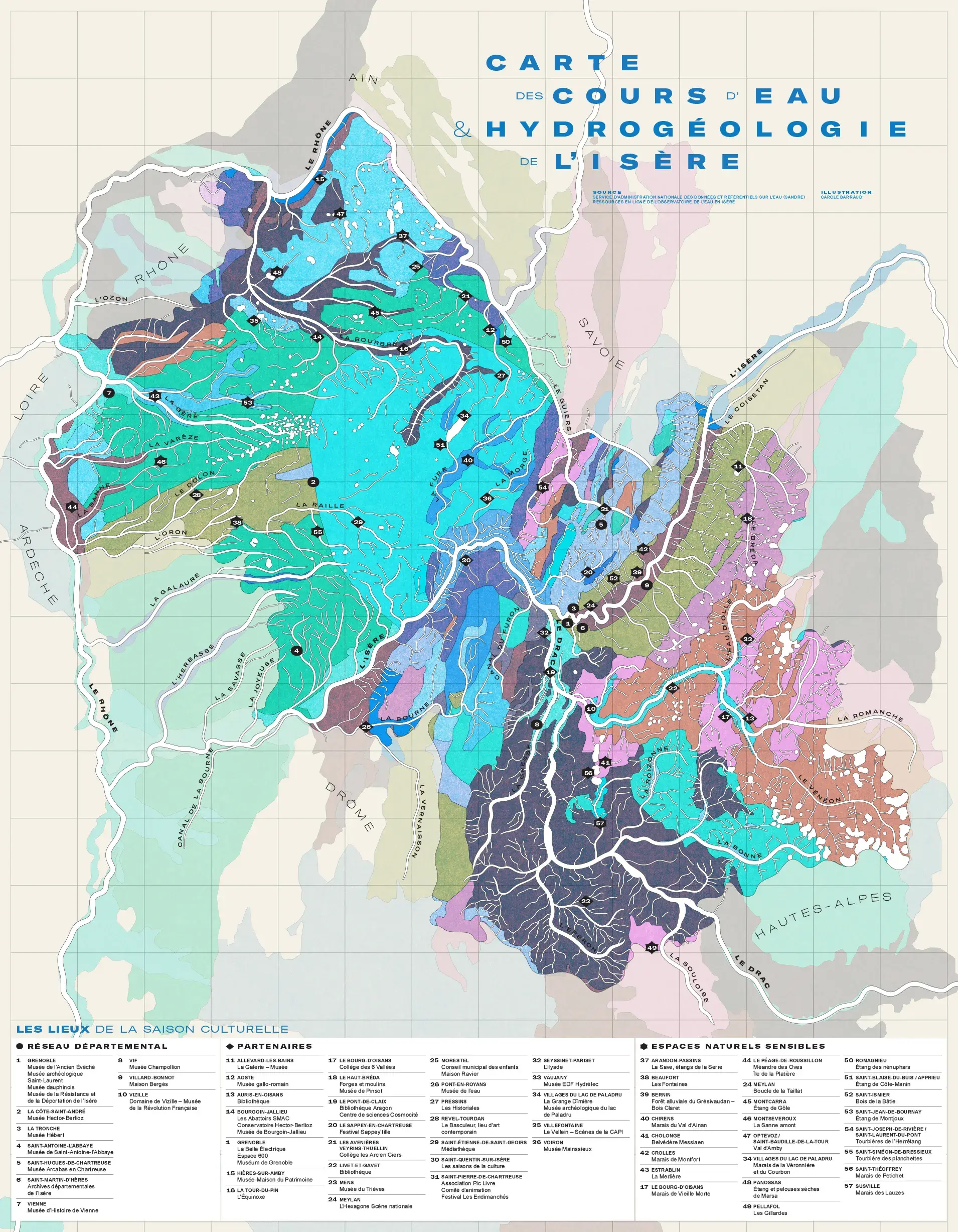 Carte hydrographie avec la liste des partenaires de la saison © C. Barraud